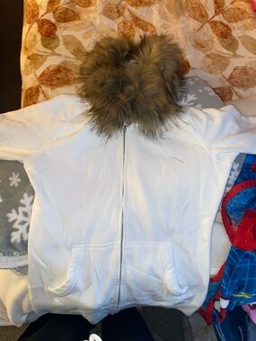 White Hollister Zip-Up Hoodie with Faux Fur Hood